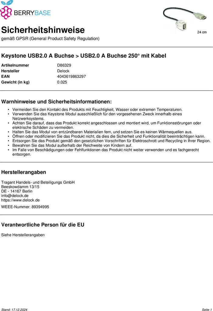 DELOCK Keystone USB A Buchse 250° mit Kabel - 5