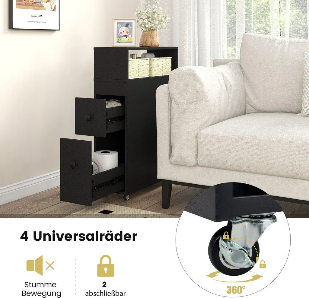 Meuble de rangement WC noir à roulettes avec porte-balais intégré - 5
