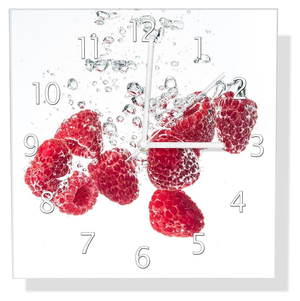 Wallario Design Wanduhr Sprudelnde Himbeerfrische aus Echtglas, Größe 30 x 30 cm