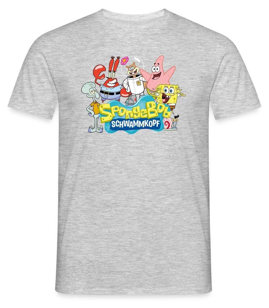 Spreadshirt SpongeBob Schwammkopf Logo Patrick Thaddäus Krabs Männer T-Shirt, 4XL, Grau meliert