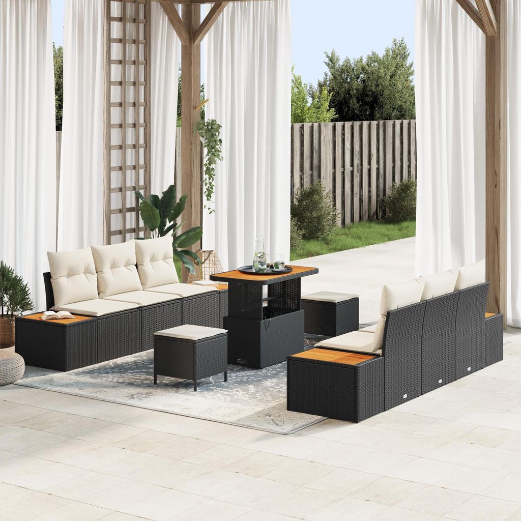 9-teiliges Garten Sofaset mit Kissen Schwarz Poly-Rattan Akazie, Design Gartensofas Neu