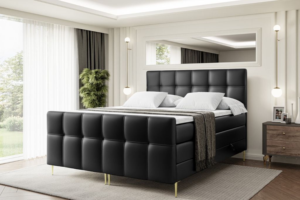 ALTDECOR Boxspringbett mit Gold Füßen, Matratze und Lattenrost, Topper, Fußteil, Polsterbett mit Bettkasten, Bett mit Stauraum H3- und H4- Matra...