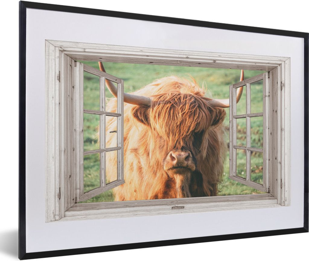 MuchoWow Gerahmtes Poster Schottischer Highlander - Ansicht - Fenster - Tier 60x40 cm - Poster mit Schwarzem Bilderrahmen Wandposter Rahmen Foto ...