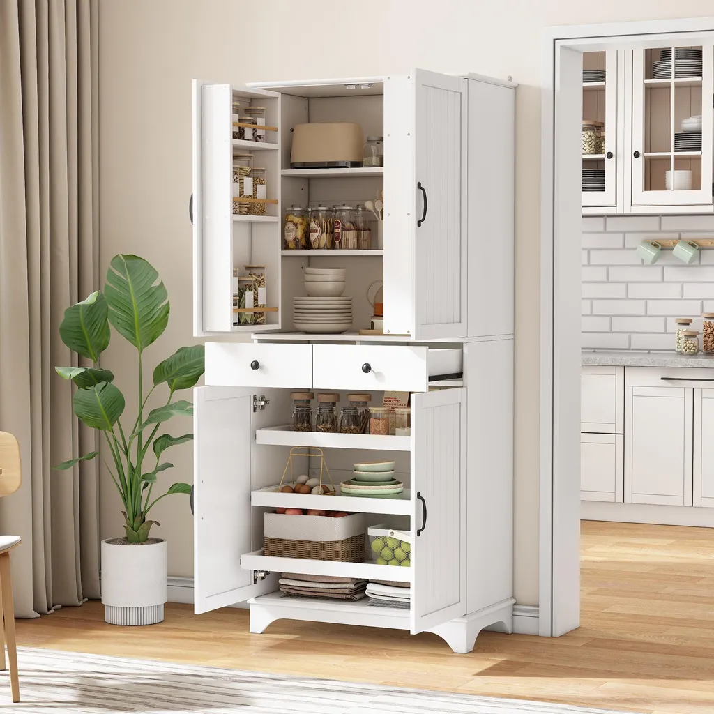 Buffet Haut de Cuisine Blanc avec Rangement Polyvalent et 4 Portes