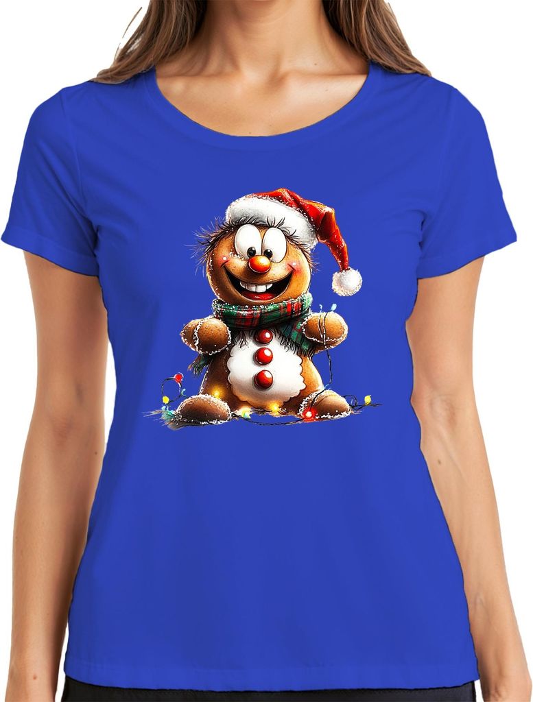 Lebkuchenmann Weihnachten lustig Geschenk fröhlich Schal Retro Damen T-Shirt, Blau, XXL