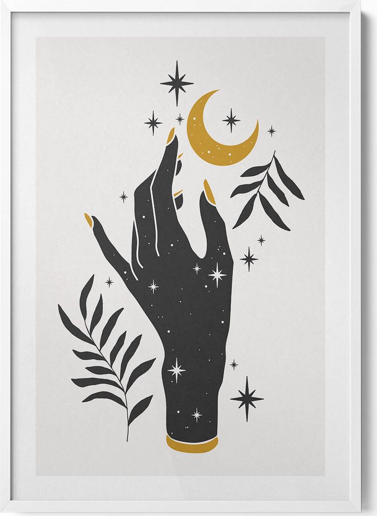 Illustration einer Frauenhand und Sterne– Wandbild mit Rahmen – Gerahmtes Bild – Wanddekoration – 70x100 cm – Weiß Rahmen