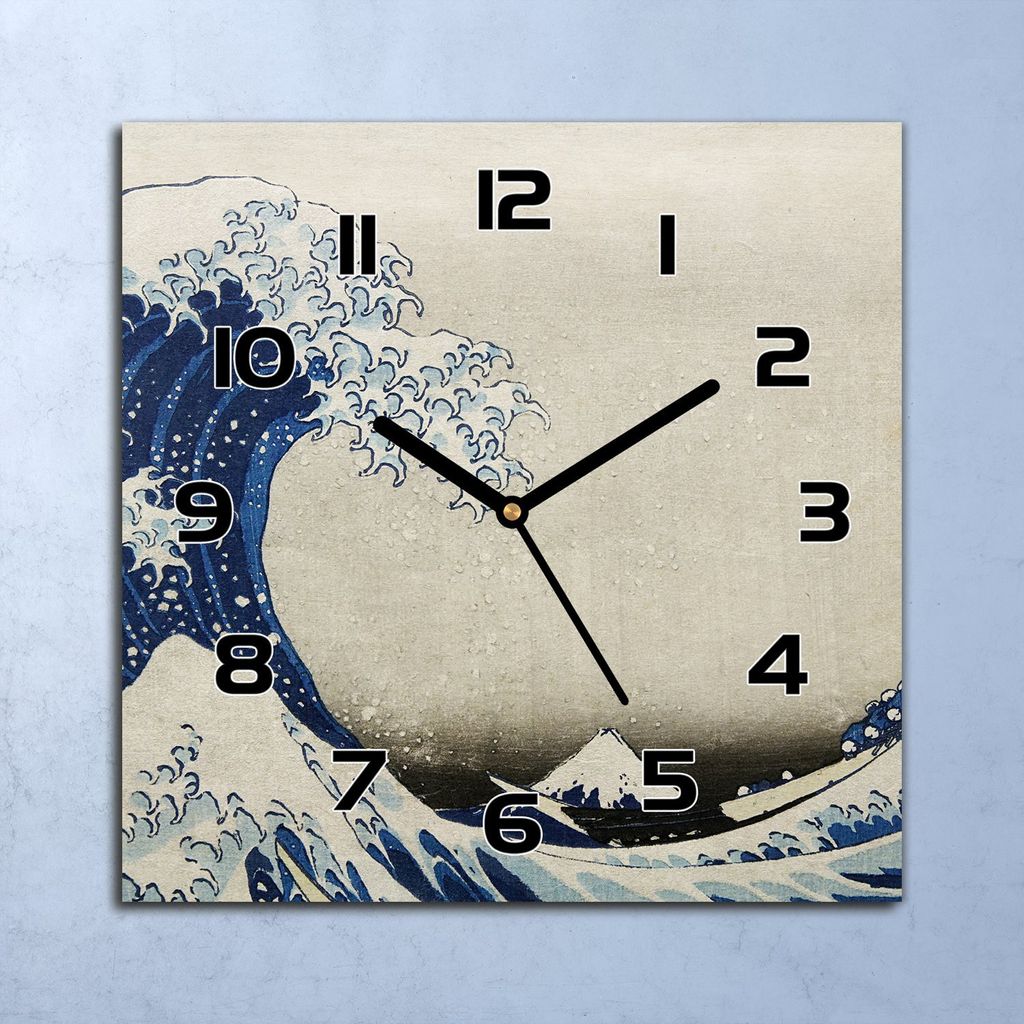 Wanduhr Echt-Glas-Küchenuhr Welle Kanagawa Quarz Lautlos 30x30 Deko Bilder