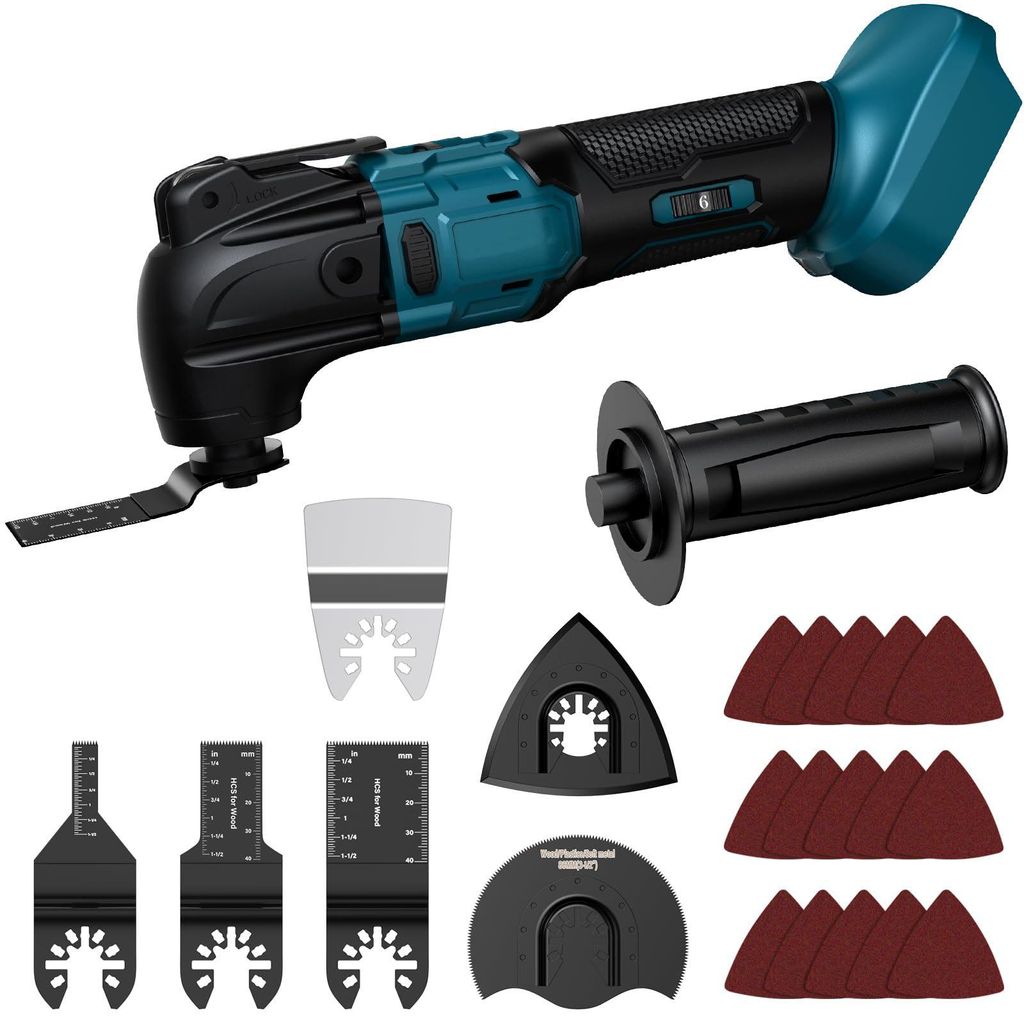 Akku Multitool, Oszillierendes Multitool Kompatibel mit Makita Akkus, 6 Geschwindigkeiten, Schneiden, Schaben, Schleifen, 23 Zubehörset(Ohne Akku)