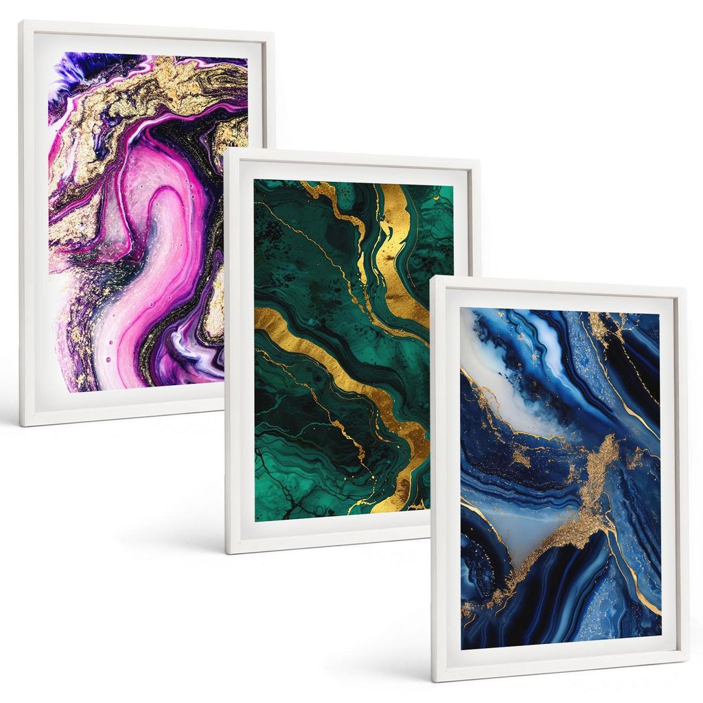 Bilder Set 3-teilig im weißen Rahmen – Wandbilder 3 Stück – gerahmte Poster für Wohnzimmer, Schlafzimmer und Flur – 40x60 cm – Abstrakte...