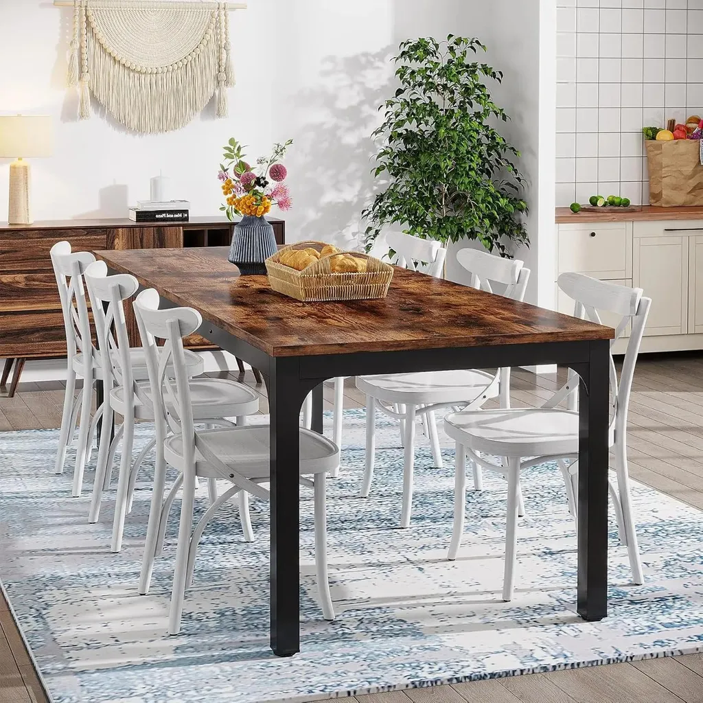Table bois brun rustique 200 cm - Plateau stratifié robuste 8 places - 2