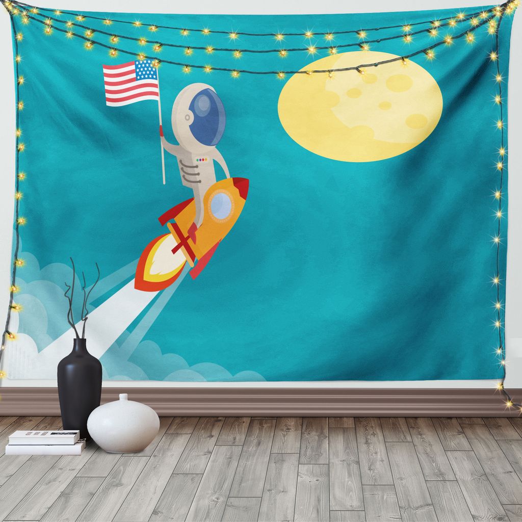 ABAKUHAUS Ausländer Wandteppich, Astronaut Fliegen zum Mond, Wohnzimmer Schlafzimmer Wandtuch Seidiges Satin Wandteppich, 150 x 100 cm, Sea Blue u...