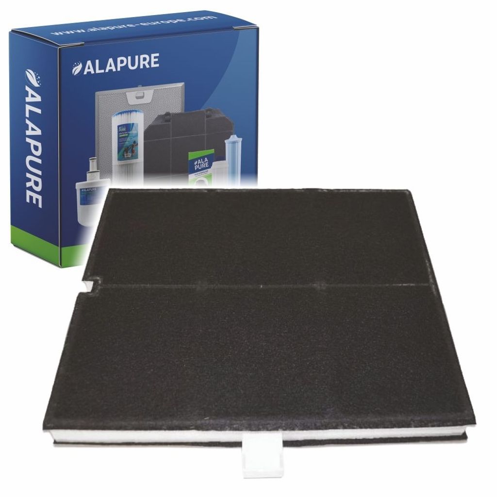 A product shot of an activated carbon filter and its packaging.