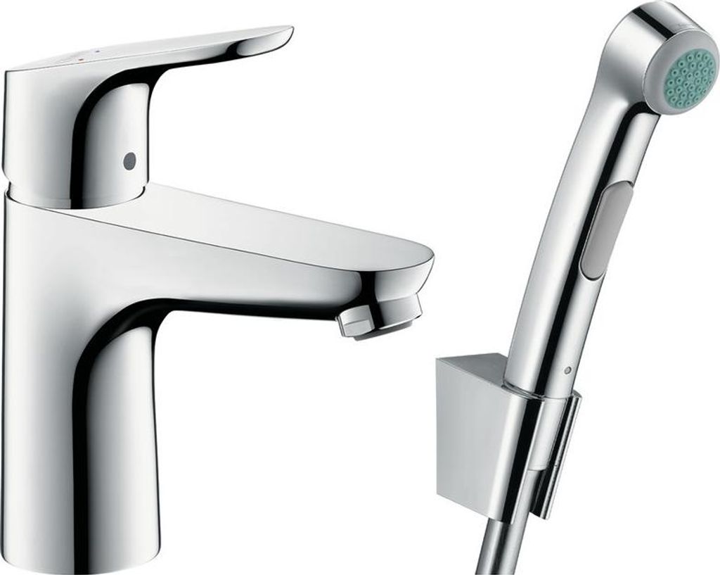 A faucet and a bidet sprayer are shown against a white background.