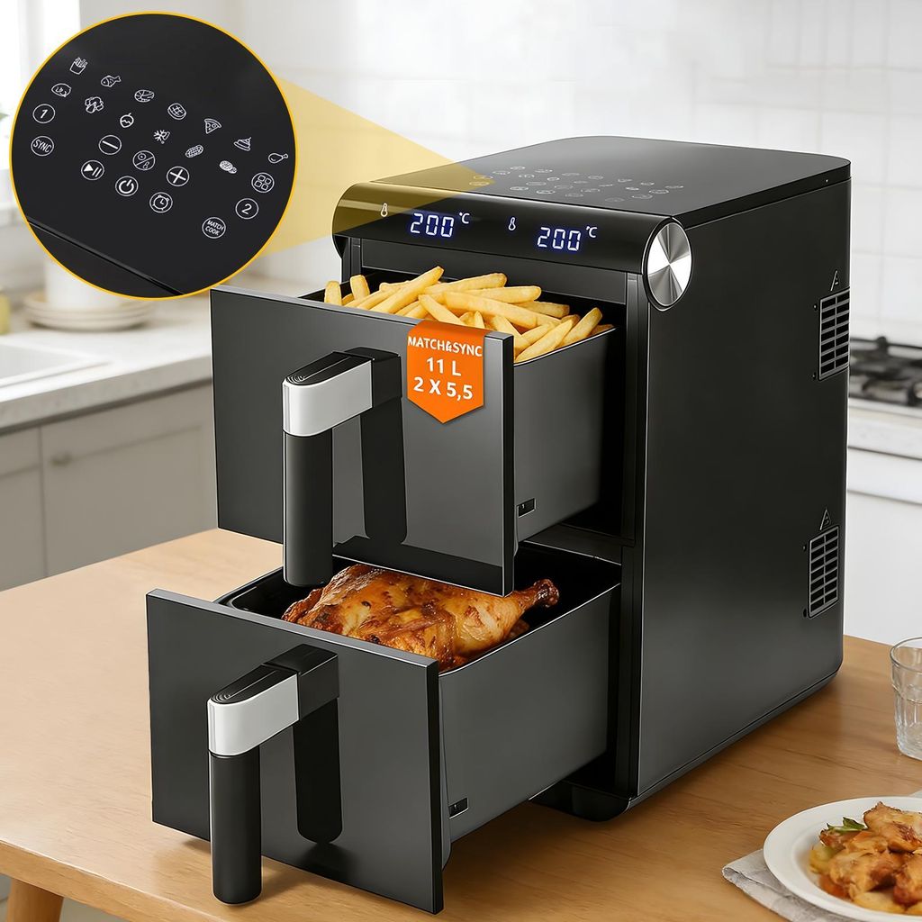 ZMH Heißluftfritteuse Airfryer 2 Kammern 11L 3in1 Air Fryer Dual Zone Doppelkammer übereinander 2800W Heissluftfritteuse mit Touchscreen & Timer