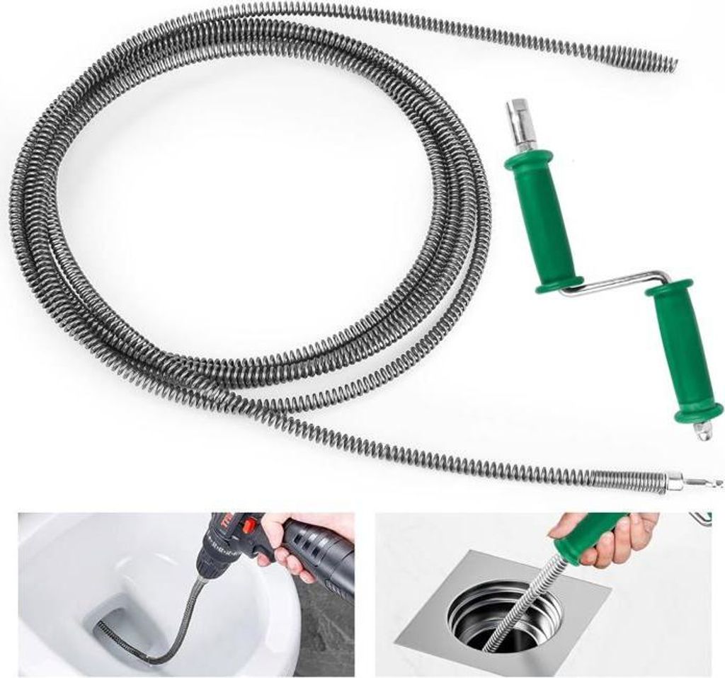 2-in-1-Abflussspirale, 3 m lange Rohrreinigungsspirale, 10 mm Durchmesser, mit Griff und Bohradaptern, Reinigungsspirale