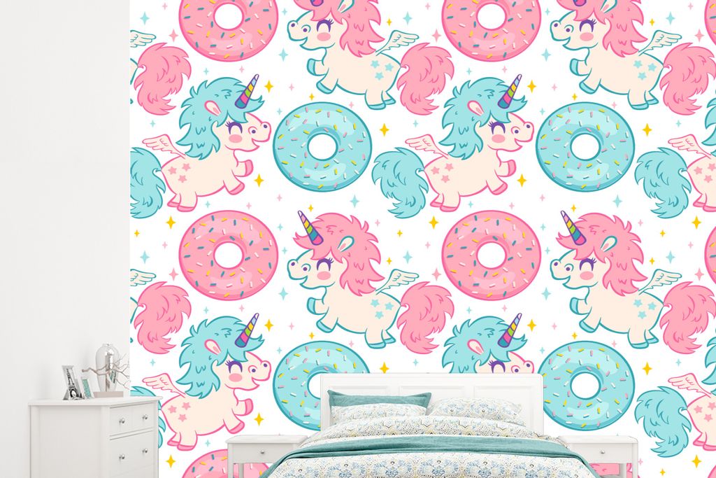 MuchoWow Fototapete für Wohnzimmer oder Schlafzimmer Wandtapete Vinyl Motivtapete Einhorn - Donut - Baby - 265x240 cm - Zimmer für Kinder