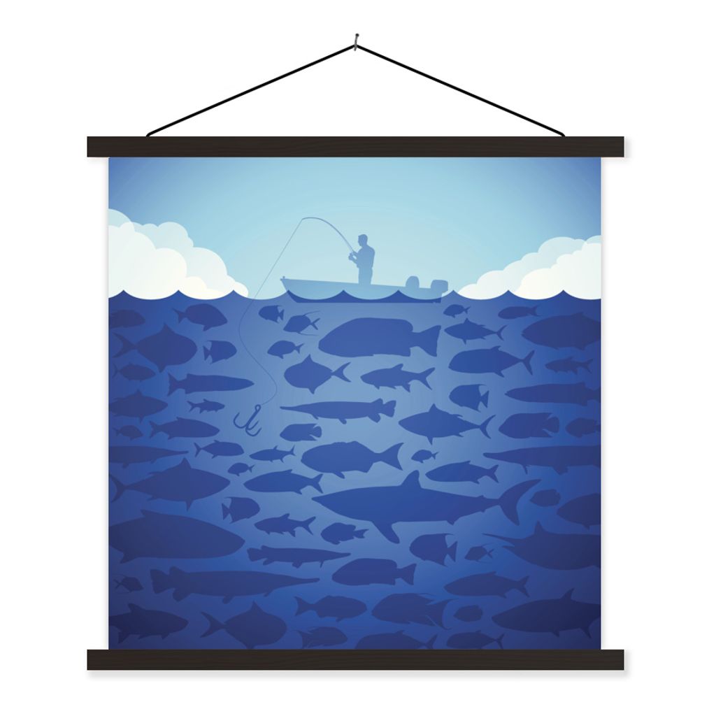 MuchoWow Textilposter Illustration eines Mannes beim Fischen 90x90 cm mit schwarzem Rahmen - Magnetisches