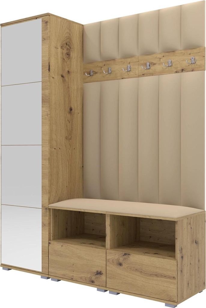 Garderoben-Set Nela II LUX mit Spiegel, gepolsterte Garderobe 150 cm mit Doppel-Sitzbank, Wandpaneelen und Stauraum (Farbe: Artisan Eiche + Trinity...