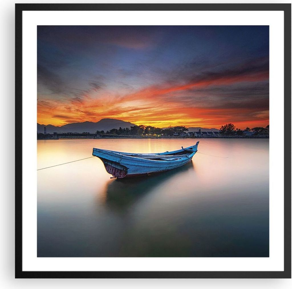 Gerahmtes Poster - Schwarzer Rahmen - Westen Sonne Boot - Produktbild 