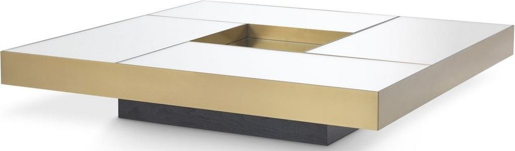 Casa Padrino Luxus Couchtisch Messingfarben / Schwarz 120 x 120 x H. 23,5 cm - Quadratischer Edelstahl Wohnzimmertisch mit Spiegelglas Tischplatten...