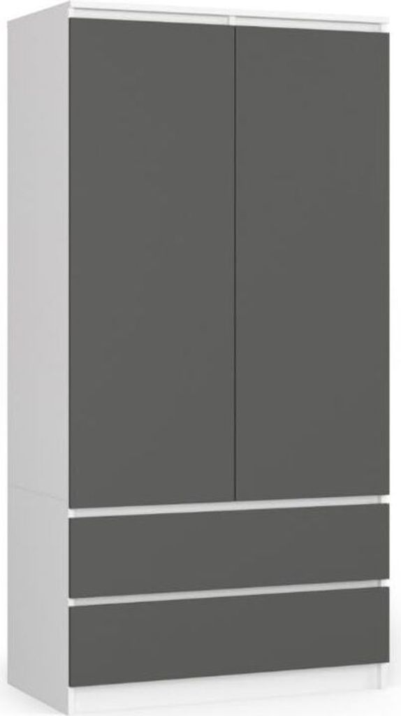 BDW Kleiderschrank 2 Türen 2 Schubladen, Spiegel, Weiß / Grau, 180x90x51