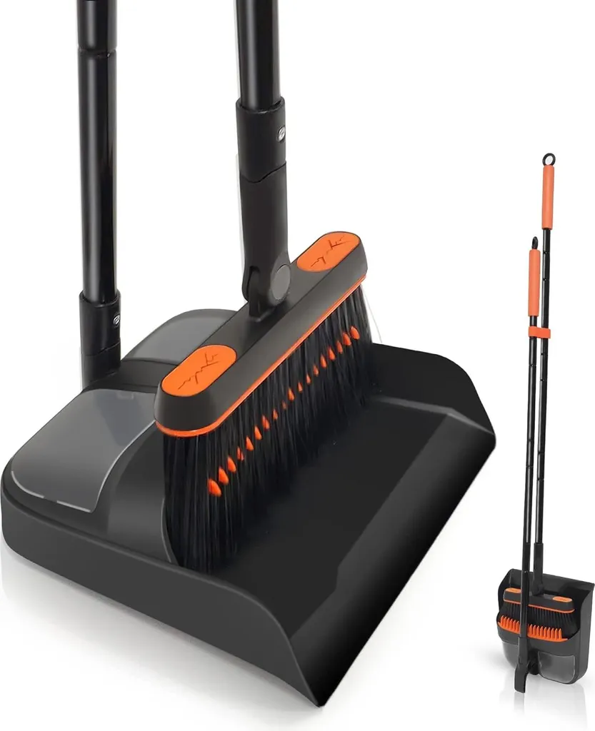 Set pelle et balai à long manche rotatif 180° orange et noir robuste