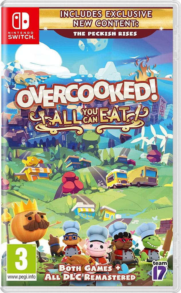 The cover art for the Nintendo Switch game 'Overcooked! All You Can Eat', featuring cartoon characters and game environments.