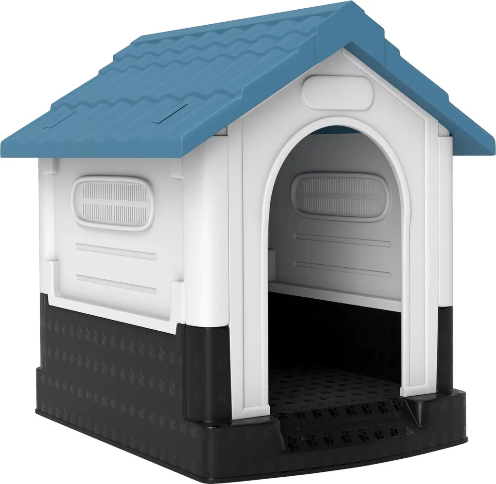 Niche chien anti-humidité avec sol surélevé : abri plastique bleu 64 x 57 cm