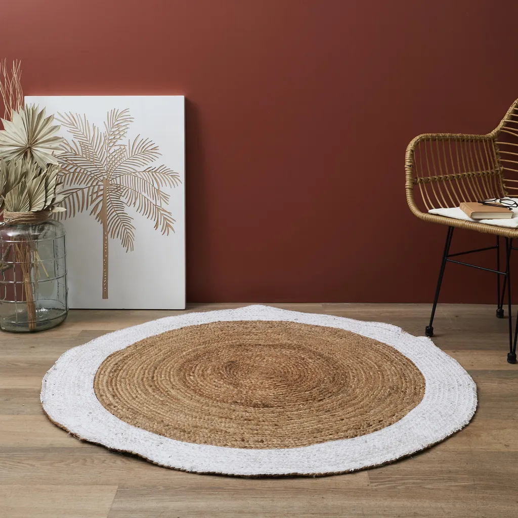 Tapis Jute Bord Blanc 120cm - Tapis Rond Naturel Chic pour Salon