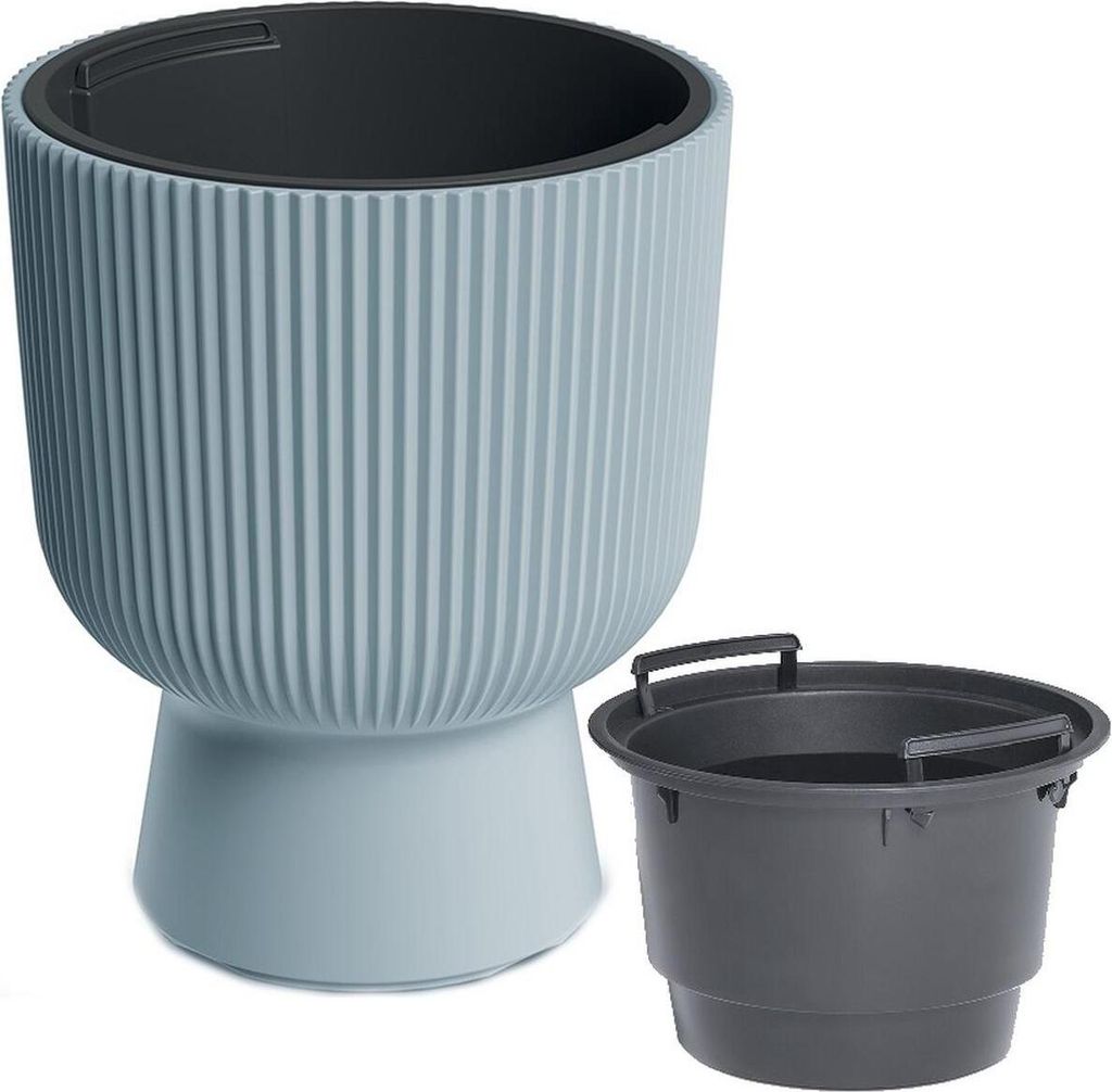 A light gray planter with a dark gray inner pot and a separate dark gray insert are shown against a white background.