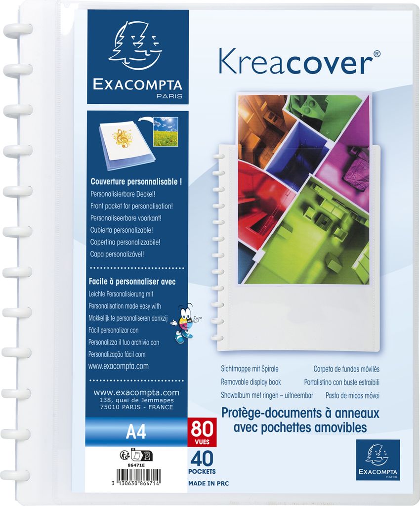 Exacompta 4x Sichtmappe aus PP 800μ, 40 herausnehmbare Hüllen, A4, Weiß, 86471E