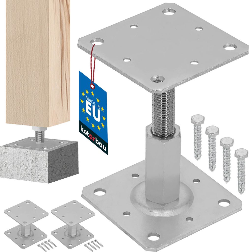 A set of adjustable post bases and a wooden post attached to one of them, shown against a white background. Several screws are also visible.