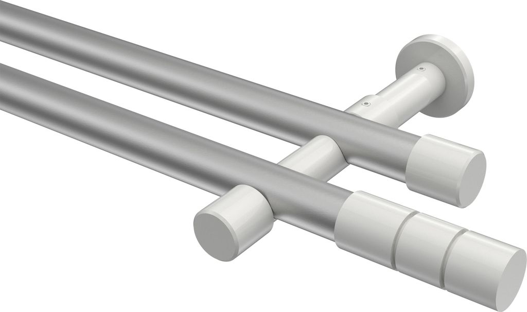 Interdeco Gardinenstange / Vorhangstange Silbergrau / Weiß, Typ Prestige Elanto (Rillenzylinder) ohne Ringe, 20 mm Ø 2-läufig, 180 cm
