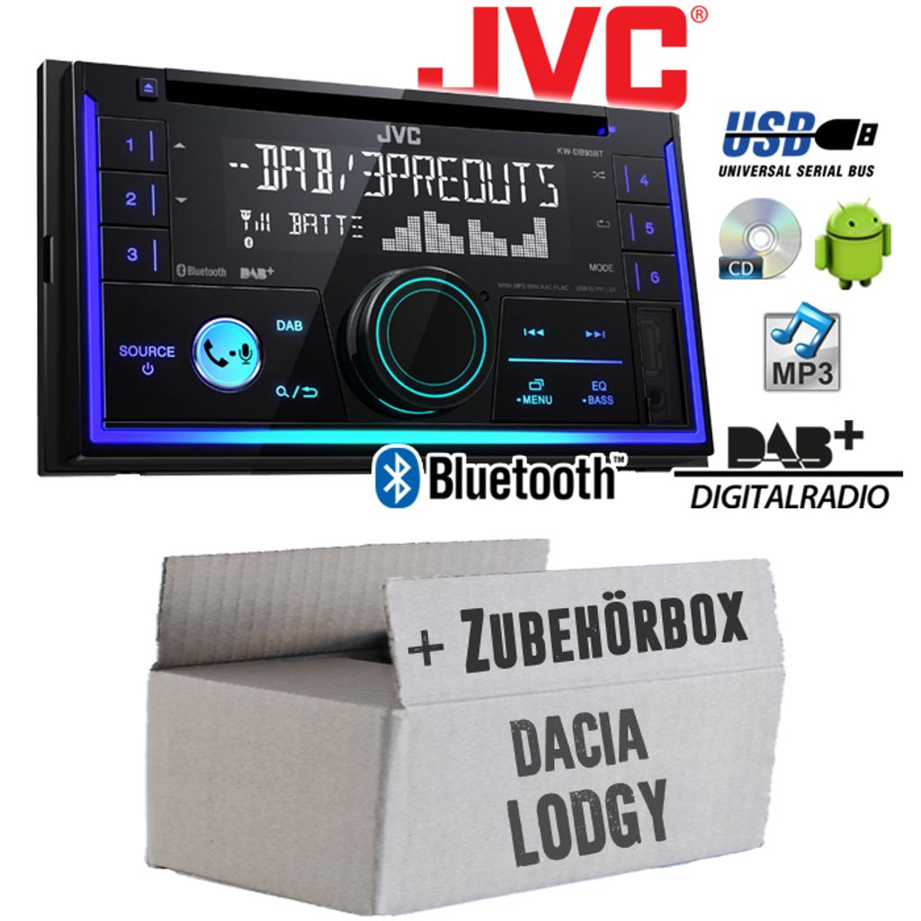 Autoradio Radio JVC KW-DB93BT - 2-DIn DAB+ Bluetooth MP3 USB - Einbauzubehör - Einbauset passend für Dacia Lodgy silber 2DIN - justSOUND