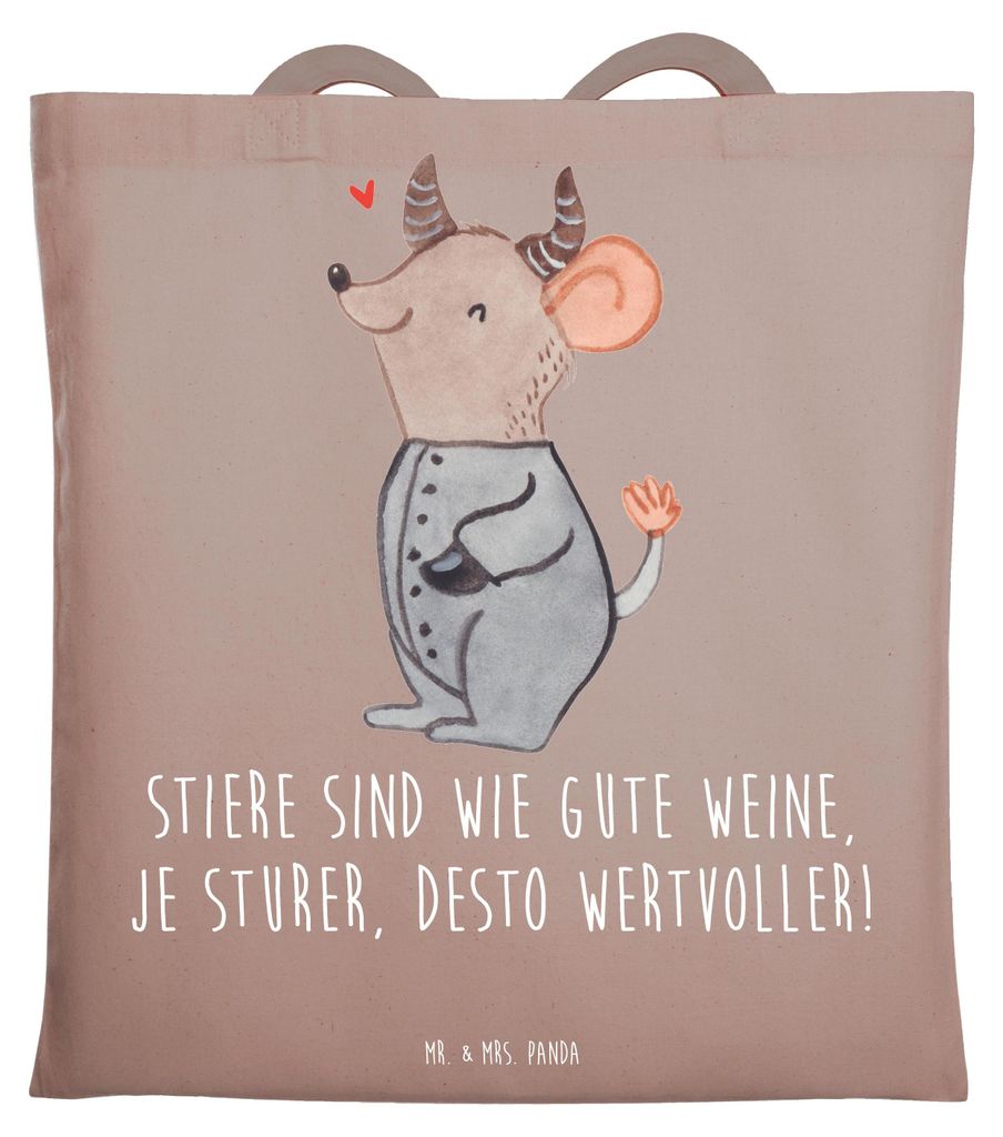 Mr. & Mrs. Panda Shopping Tasche Sturer Stier - Braun Pastell - Geschenk, Tierkreiszeichen, Horoskop, Tragetasche, Treue, Laptoptasche, Humor, Ster...