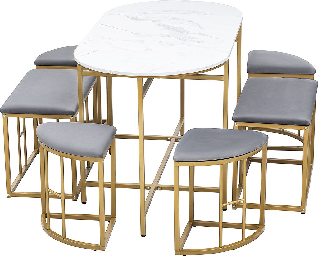 Moimhear Esstisch Set Mit 6 Hockern - Modernes Küchenset 140x70cm In Weiß/Schwarz