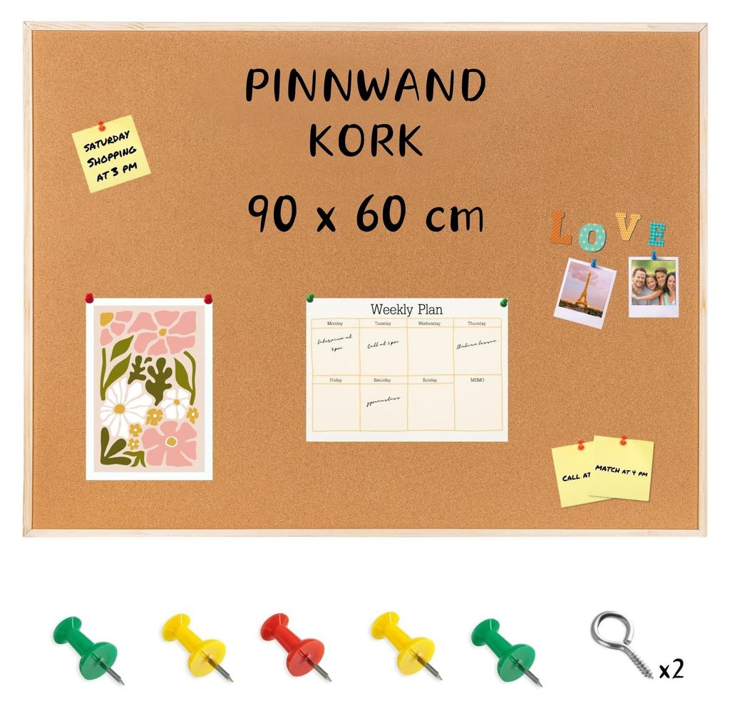 Große Kork-Pinnwand 90 x 60 cm (+/- 2 cm) | Inkl. 5 Reißzwecken | Korkwand, Holzrahmen, Memoboard | Hergestellt in der EU | Ideal für Büro, Sch...