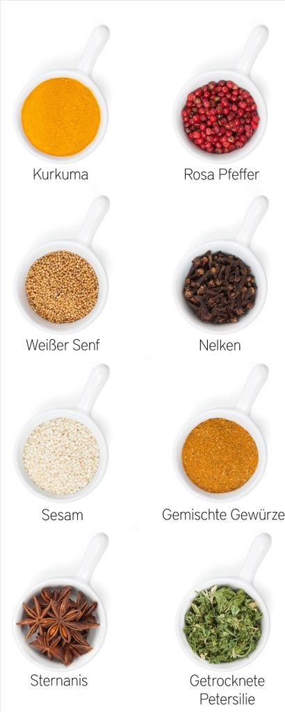 Wallario Poster - Welt der Gewürze - Übersicht über verschiedenen Gewürze I, Kunstdruck Größe: 80 x 200 cm