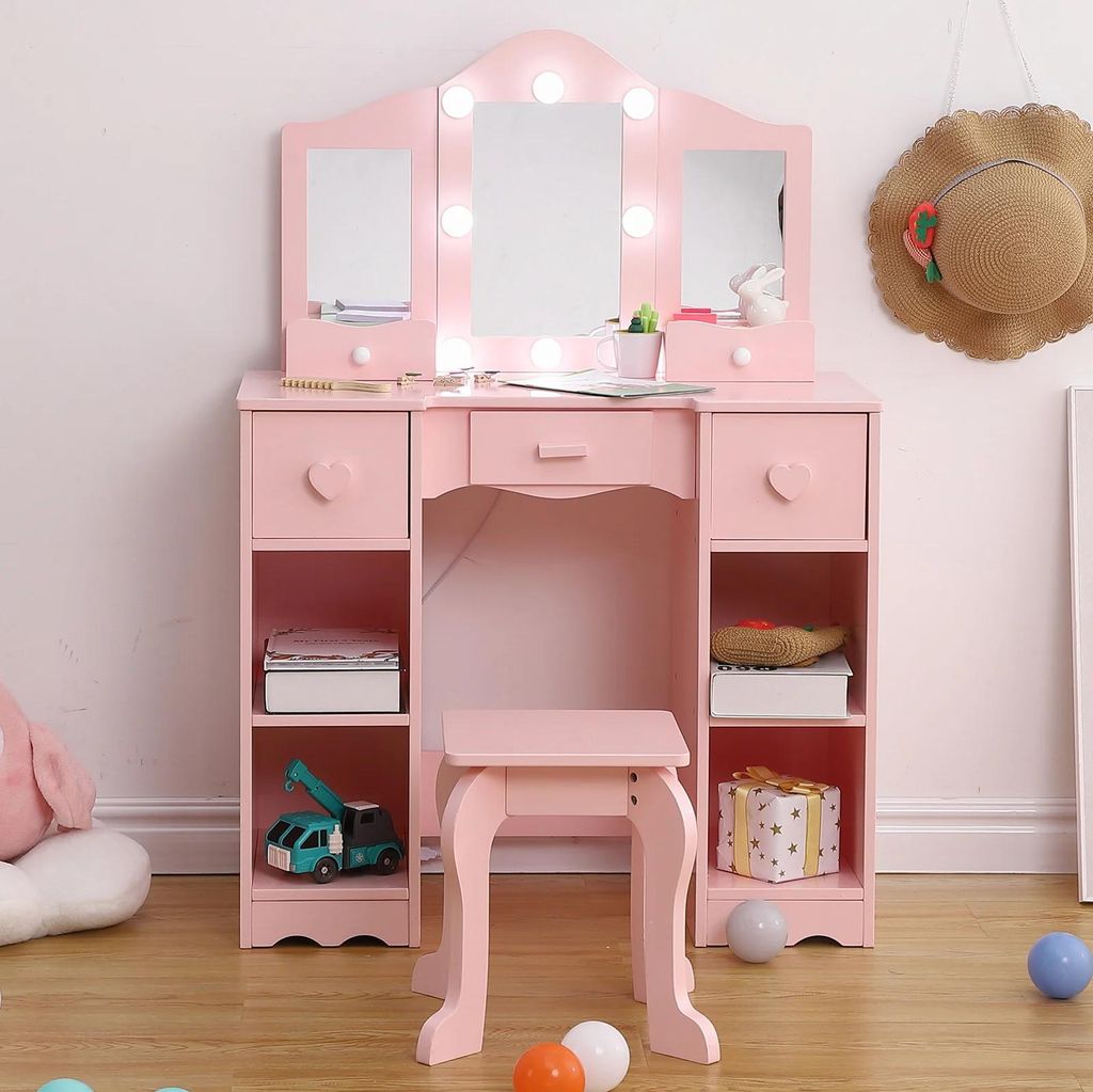 Prinzessin-Schminktisch für Kinder - Frisiertisch - Spiegel - Beleuchtung - Hocker - Schublade - 2‐in‐1 - Metallrahmen - Weiß