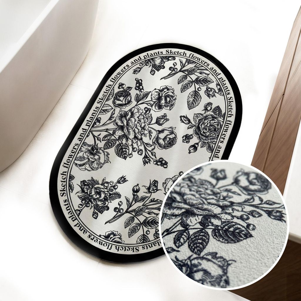 Rutschfeste Badezimmermatte 50 x 80 cm, dick, saugfähig, schwarz mit Blumenmuster