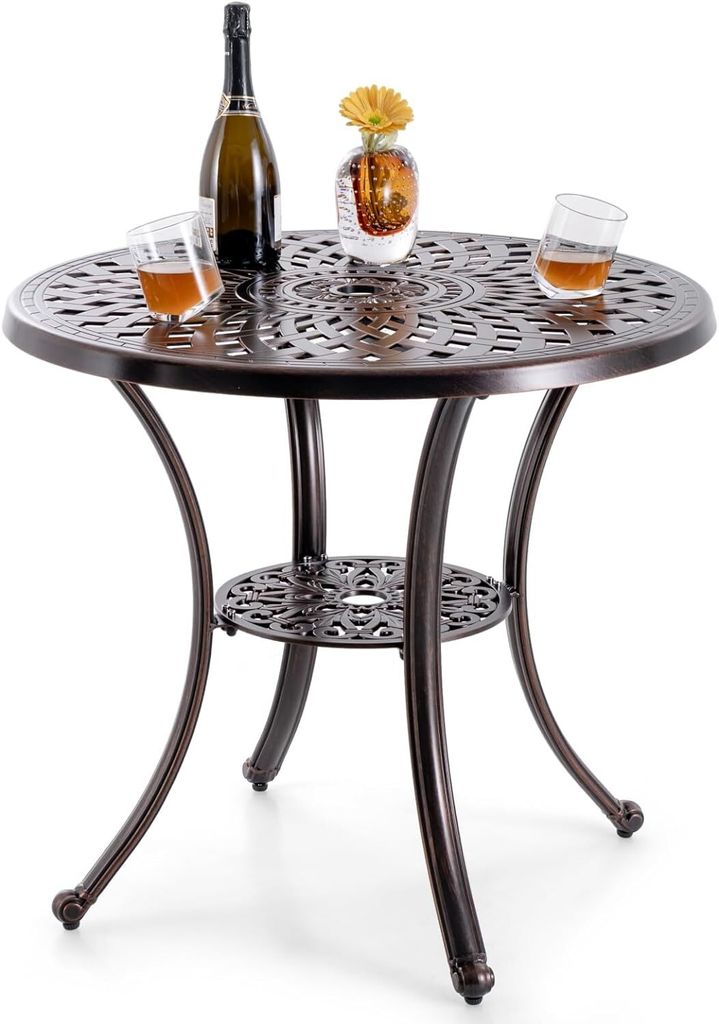 KOMFOTTEU Runder Gartentisch mit Schirmloch, Balkontisch mit unterer Ablage & verstellbaren Füßen, Bistrotisch mit Aluminiumguss,79 x 79 x 71 cm