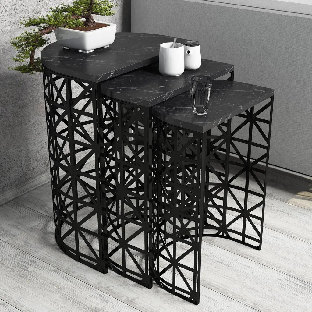 Skye Decor Ensemble de 3 Tables Gigognes Noir Style Effet Marbre Noir