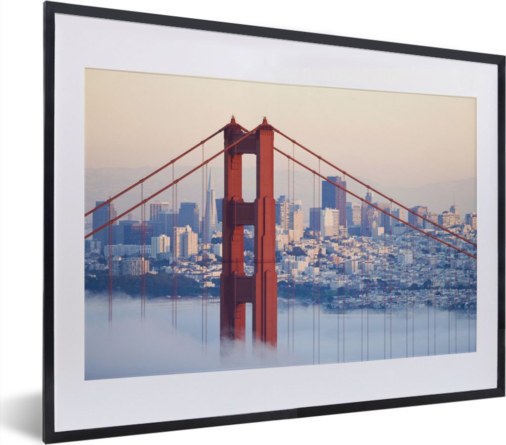 MuchoWow MuchoWow Gerahmtes Poster Nebel um die Golden Gate Bridge und San Francisco 40x30 cm - Poster mit zchwarzem Bilderrahmen - Bilderrahme...