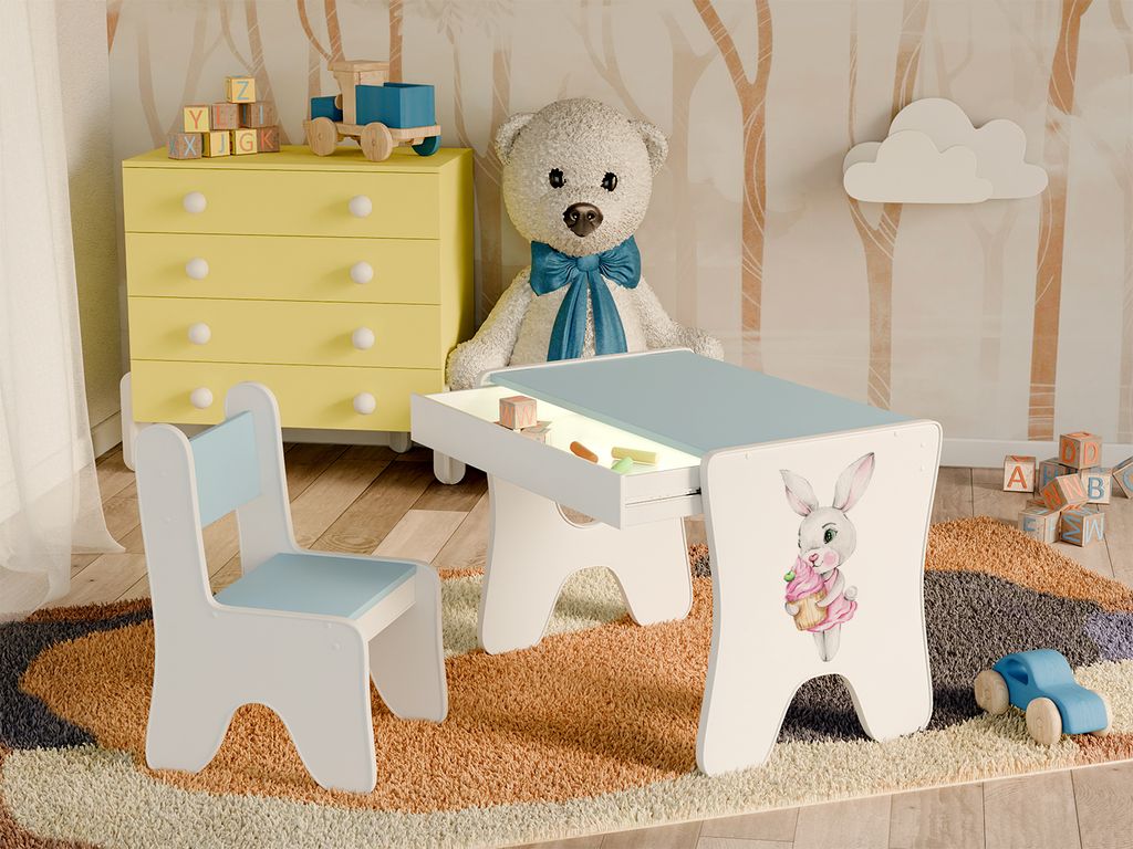 Happy Babies - Kinderschreibtisch-Stuhl-Set, ergonomischer Spieltisch mit geräumiger Schublade - Kinder-Lern- und Spieltisch - Kindermöbel, Hase
