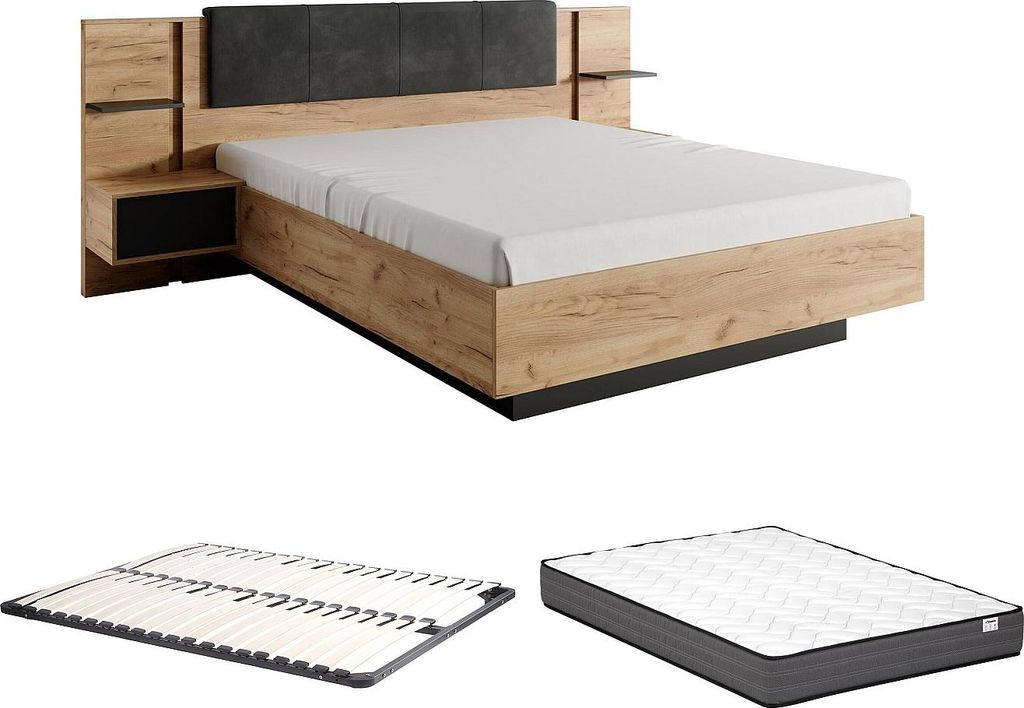 Bett mit Nachttischen 140 x 190 cm - Mit LED-Beleuchtung - Natur und Anthrazit + Rahmen + Matratze - ELYNIA