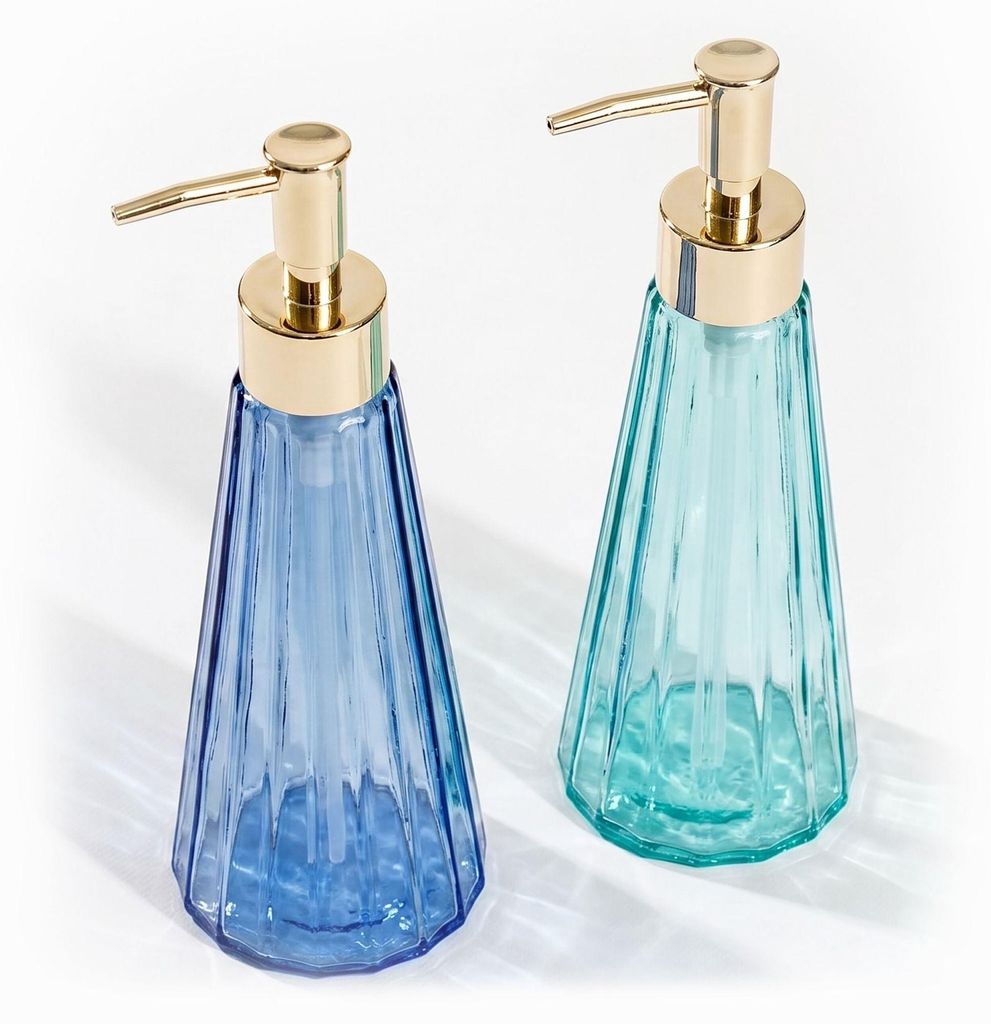 Glass Soap Dispensers Set of 2, 320 ml, Gold Pumps