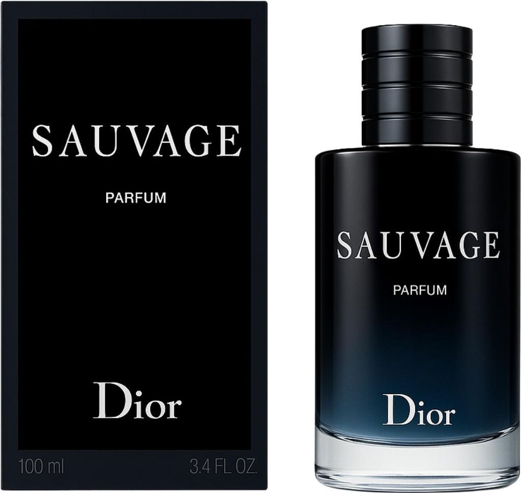 A product shot of Dior Sauvage Parfum for men, with the product box and bottle displayed side-by-side.