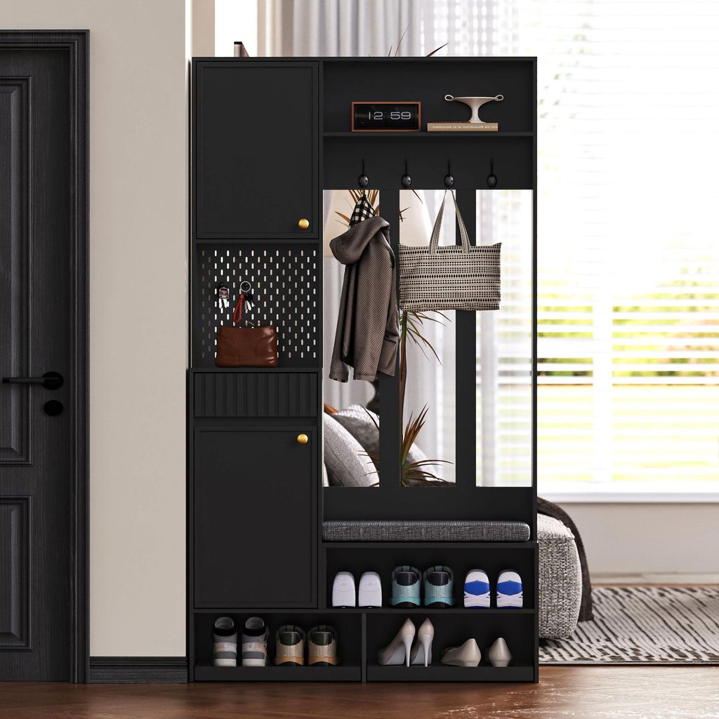 Fortuna Lai Garderobenset, Komplett-Set Flurgarderobe mit Sitzbank, 4 Haken, Türen & Schubladen - Schwarz , Kompaktmaße 100×180×35 cm (B×H×T)