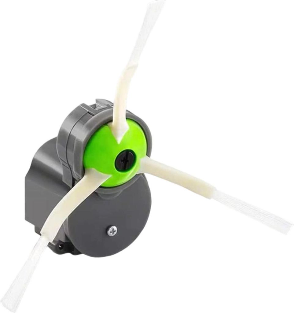 A close-up studio shot of a robot vacuum cleaner side brush module.
