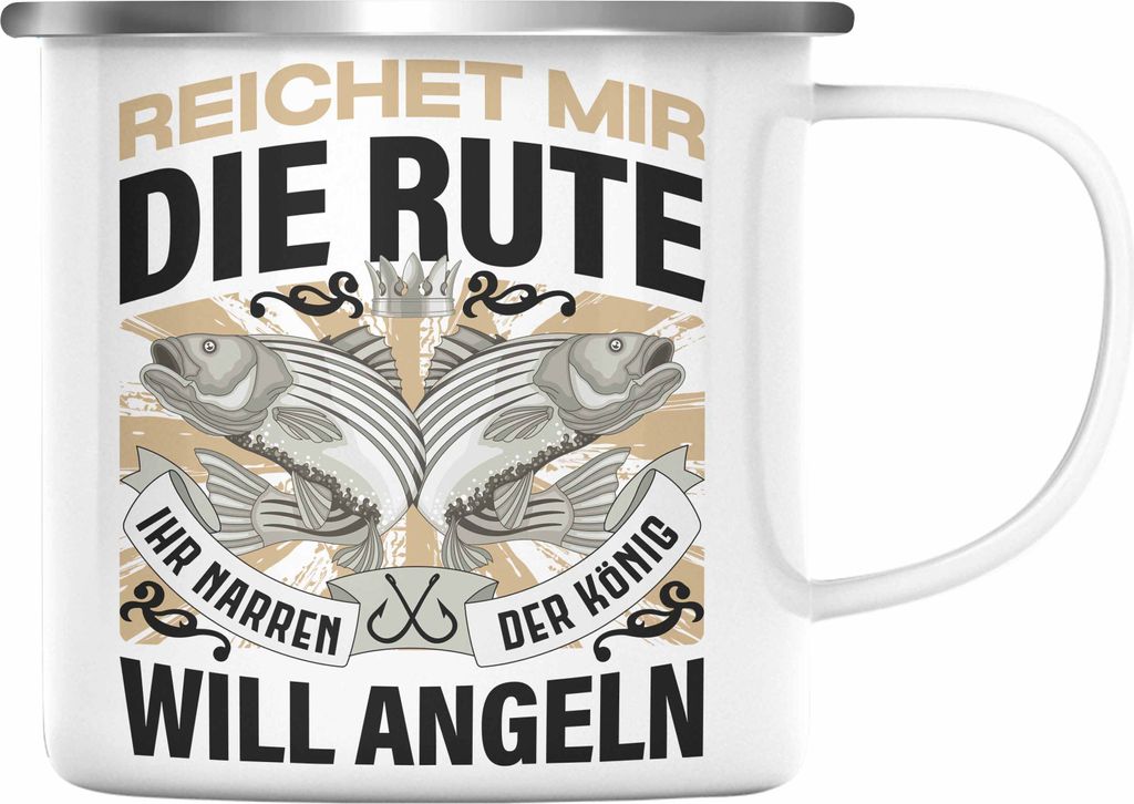 Trendation - Angler Emaille Tasse Geschenk Männer Spruch Lustig für Fischer Geschenkidee Angeln Fischen (Silber)